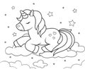 Cute cartoon unicorn sleeping on clouds. Black and white illustration for coloring book